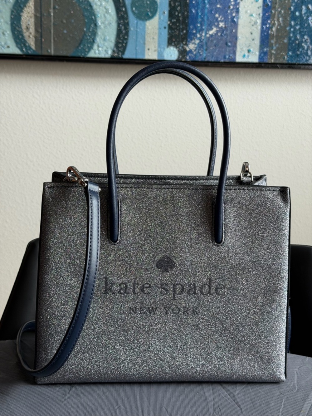 kate spade Glittery Silver Satchel with Navy Handles